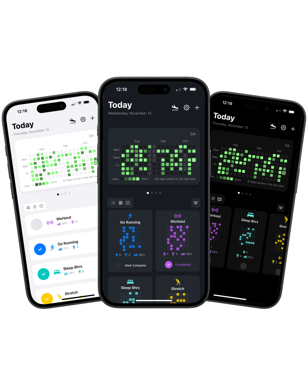 Display customization showing dark mode, light mode, OLED mode, and different view options