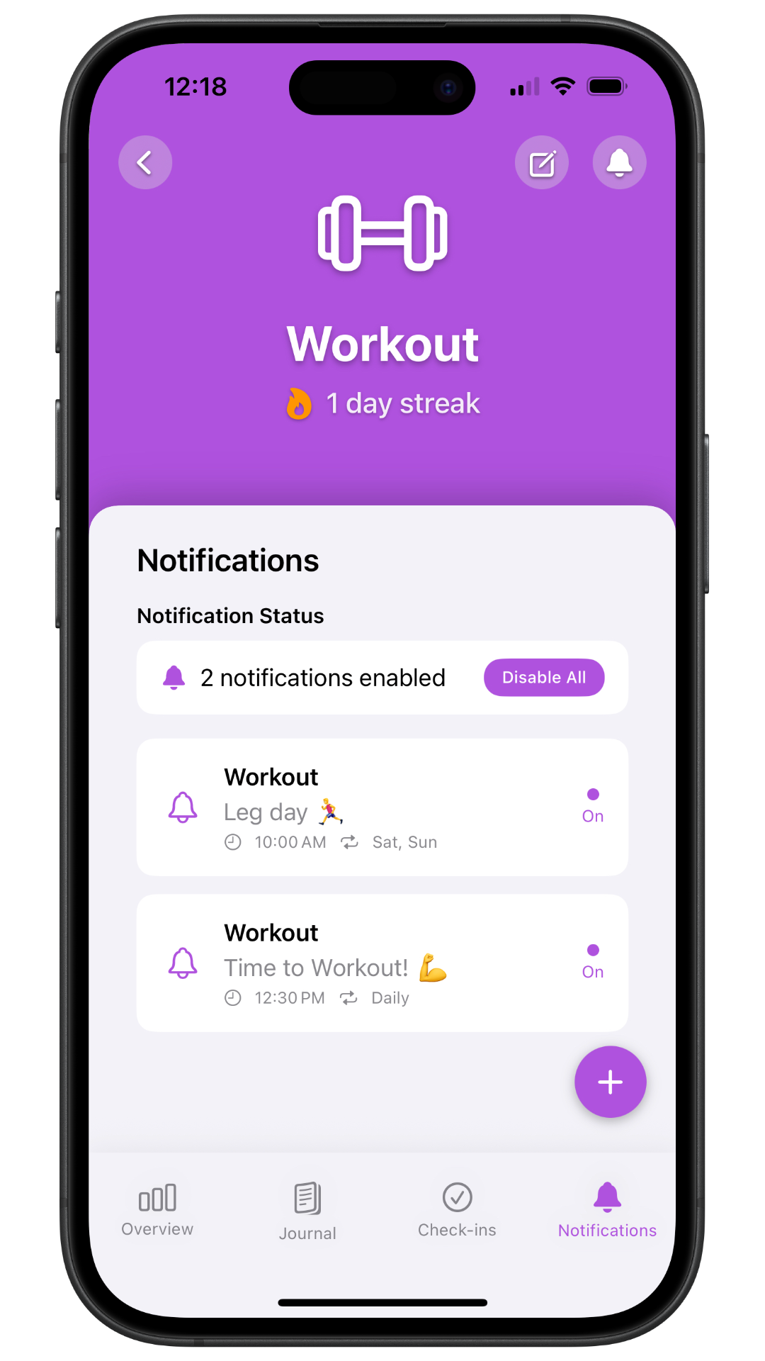Notification settings showing custom notifications, multiple reminders, and notification text customization