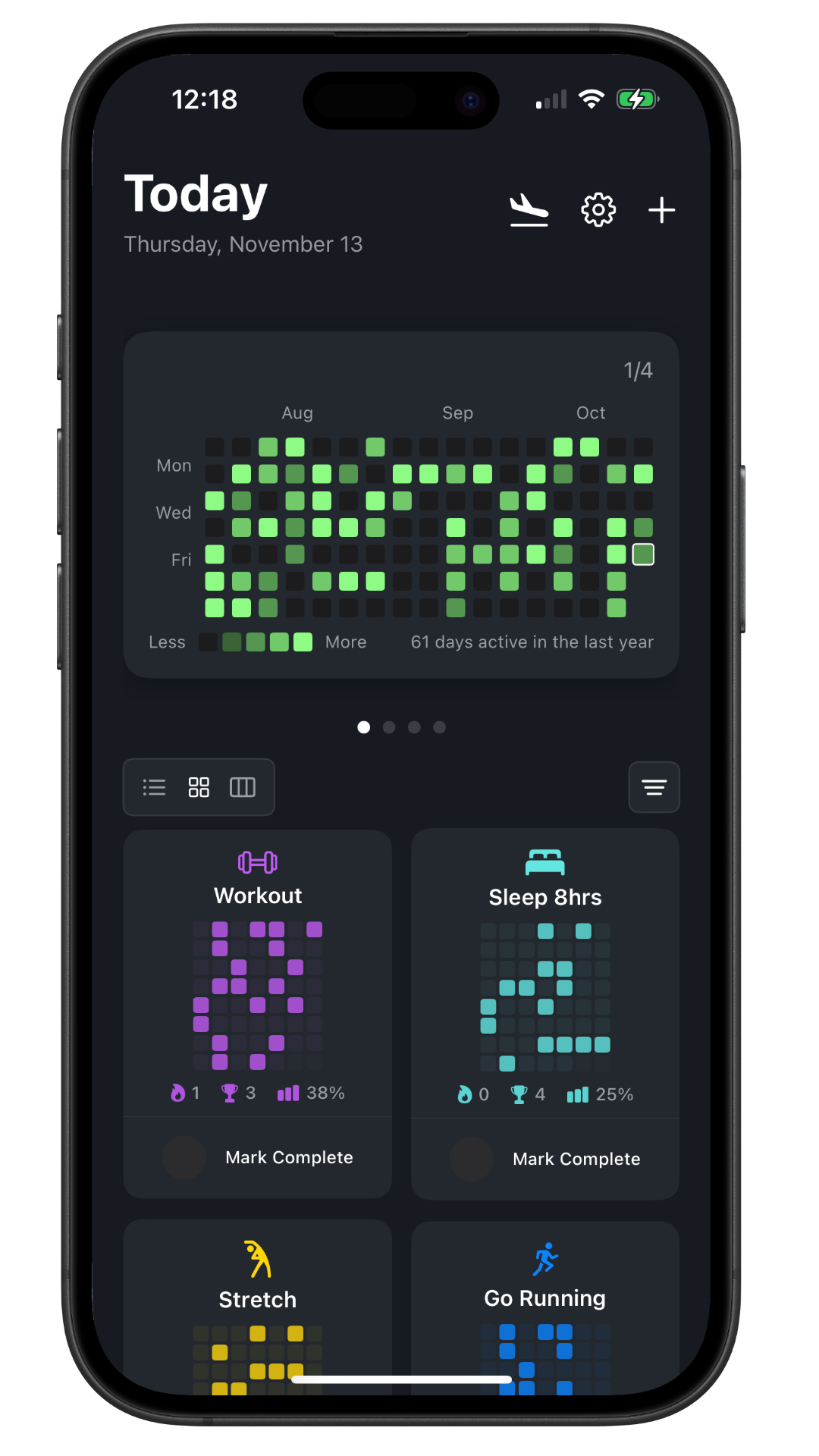 Today view showing daily habit list with completion status